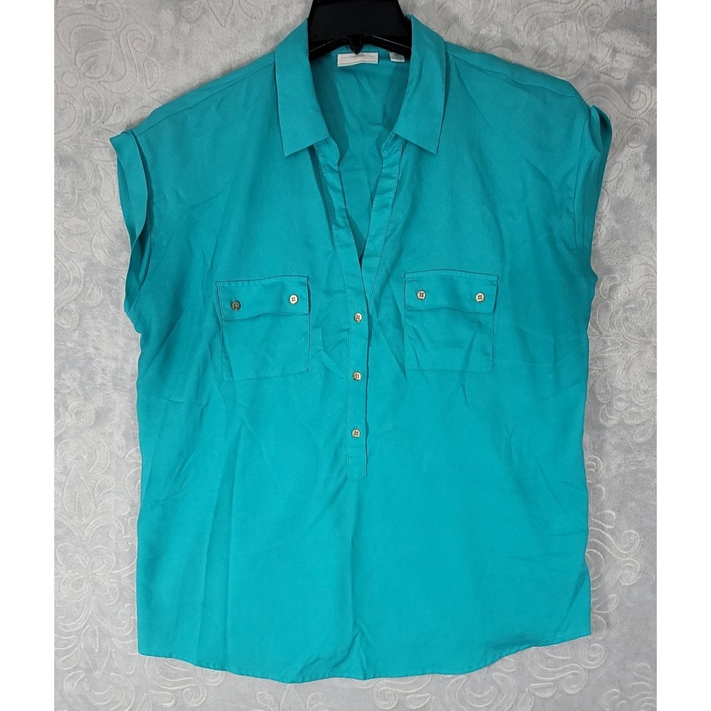 New York Company Sleeveless Top Women Size XL Aqua/Teal Button Up Collared Shirt